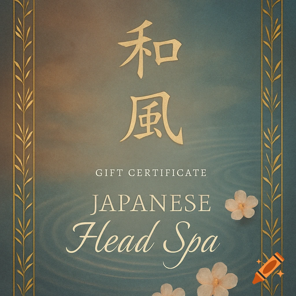 Japanese Head Spa gift certificate with gold kanji, English text, and white flowers on a textured teal and gold background.