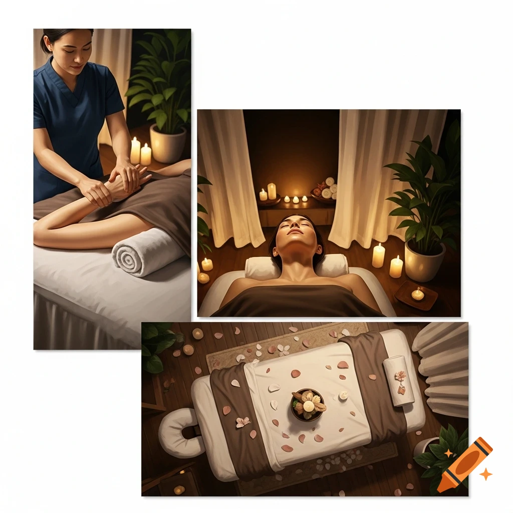 Three panels showing a relaxing spa experience: a person receiving a hand massage, a person relaxing on a massage table, and an overhead view of a table adorned with flower petals.