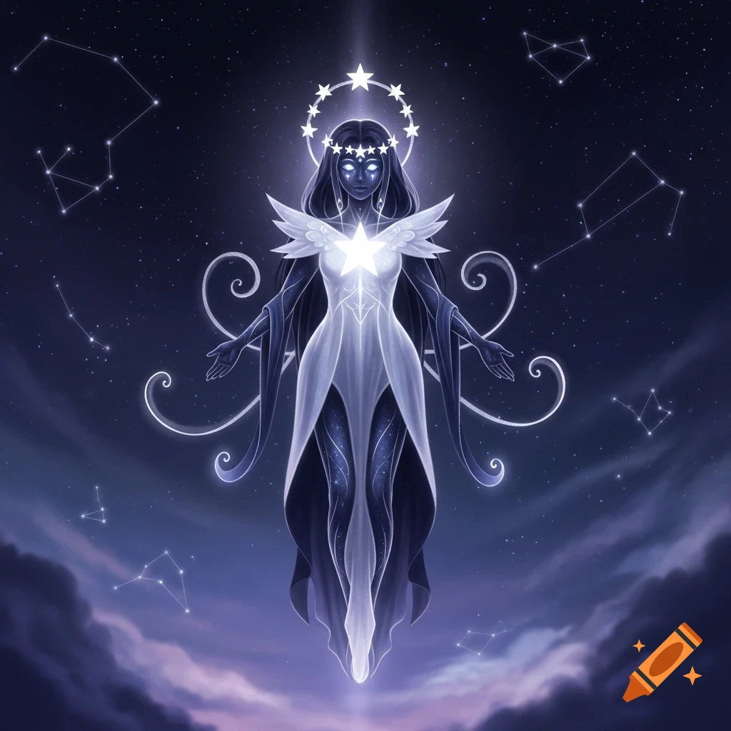A glowing celestial goddess figure with a star crown and starry body, floating amidst constellations in a cosmic blue and purple sky.