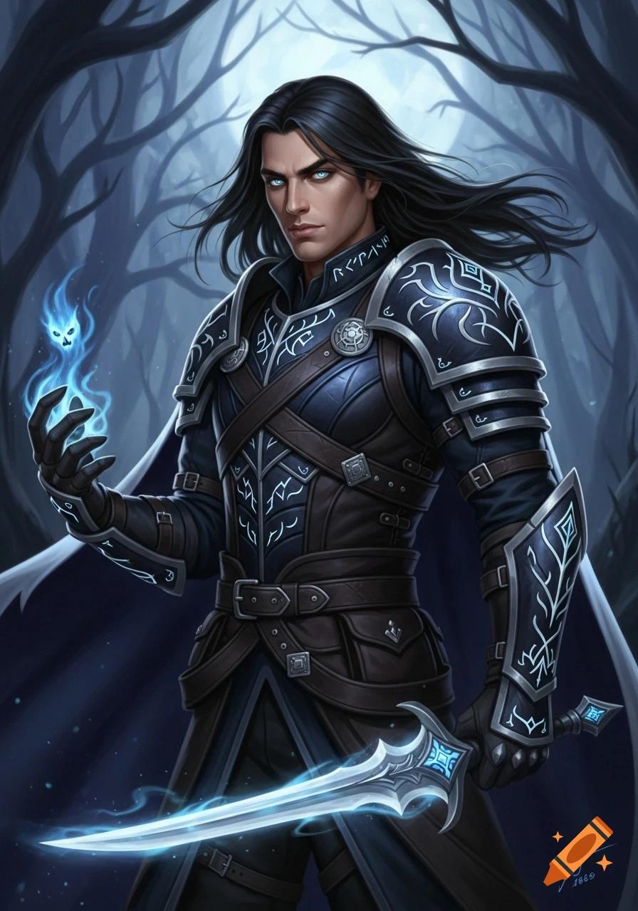 Fantasy digital painting of a dark-haired male Hexblade in ornate armor, holding a glowing blue sword and mystic skull in a dark forest.