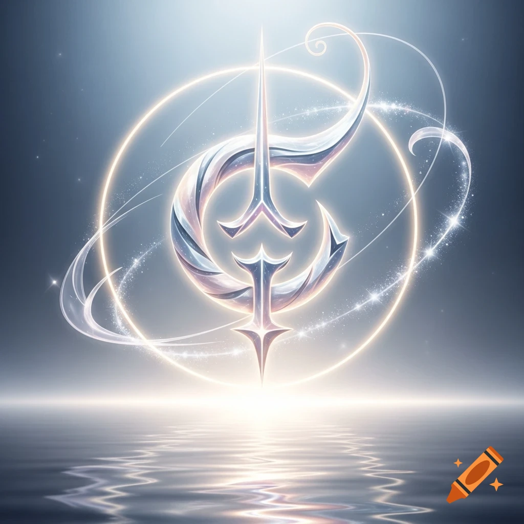 A glowing, ornate, stylized silver symbol resembling a trident or letter 'C' within an ethereal gold ring, reflecting on water.