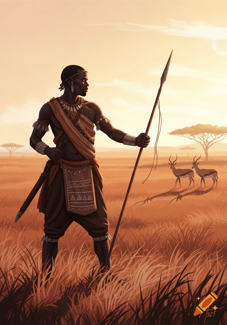 Illustrated man in traditional attire holding a spear in an African savanna with gazelles.