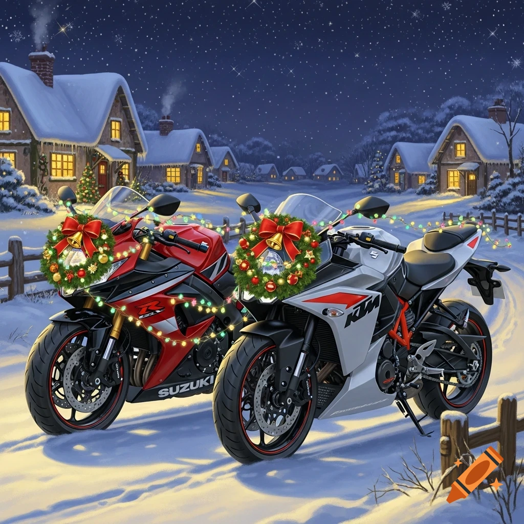A festive winter scene at night features two sport motorcycles, one red Suzuki and one white KTM, adorned with Christmas wreaths and lights, parked in a snowy village.