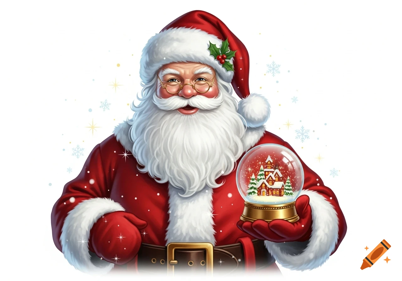 Illustration of Santa Claus in a red suit and hat, holding a snow globe with a snowy village scene.