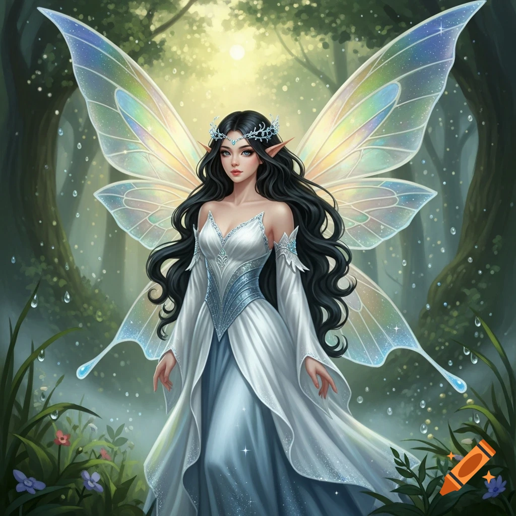A beautiful dark-haired fairy with large iridescent wings and a white and blue dress stands in a mystical forest.