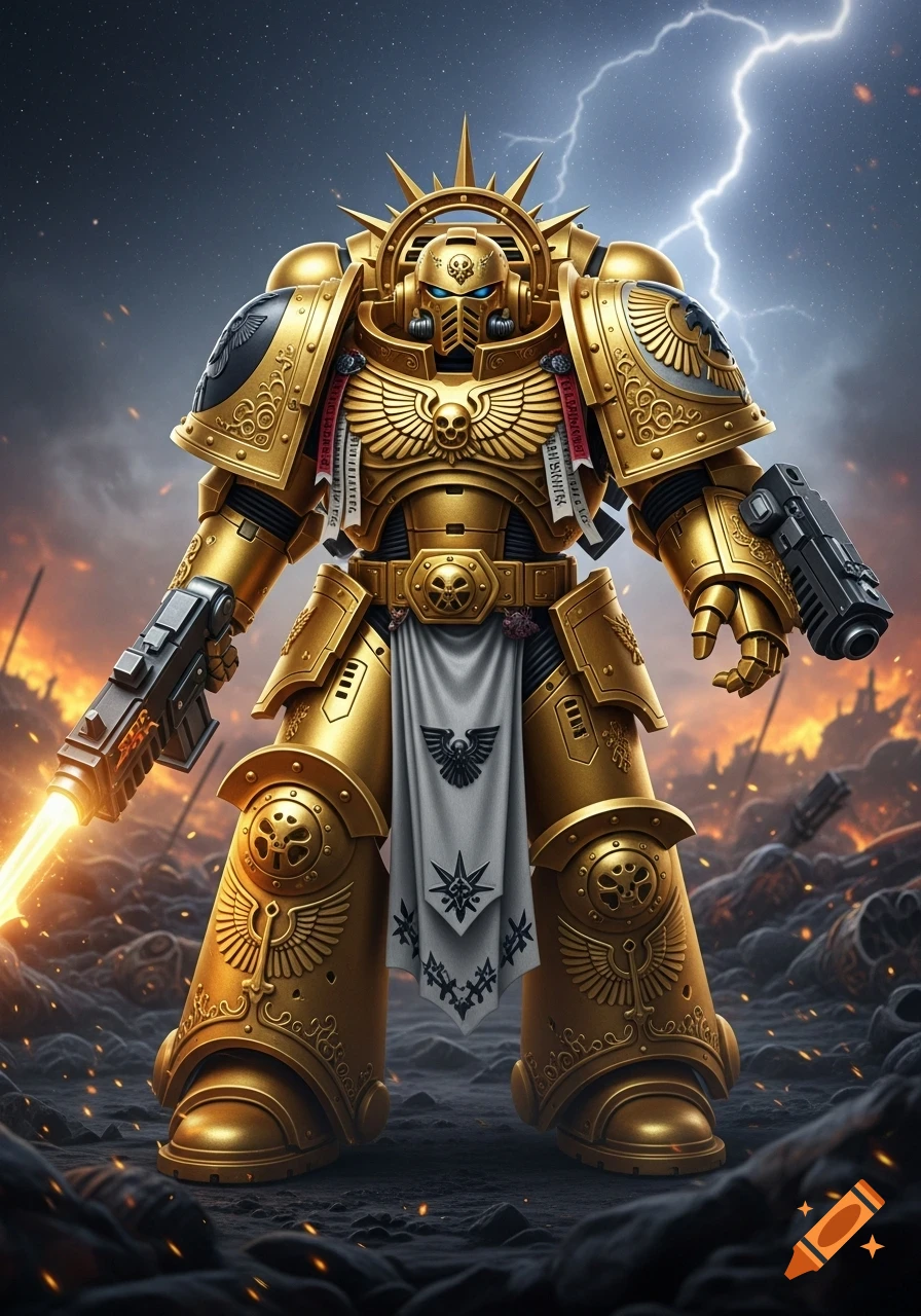 A massive warrior in ornate golden power armor with a glowing energy weapon and a pistol stands on a war-torn battlefield with lightning in the sky.