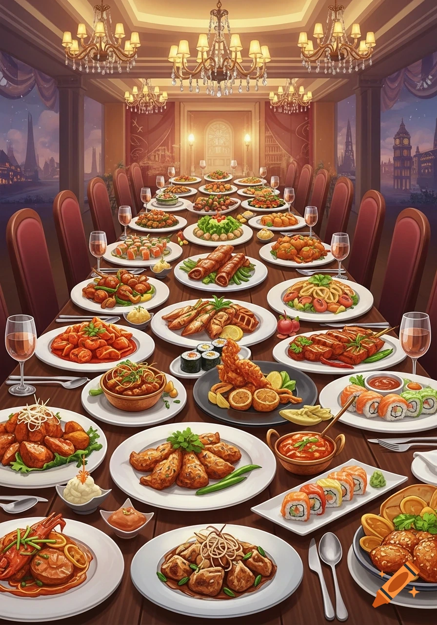 A long dining table is lavishly set with numerous plates of diverse, colorful food and drinks in an elegant room with chandeliers, overlooking a city at dusk.