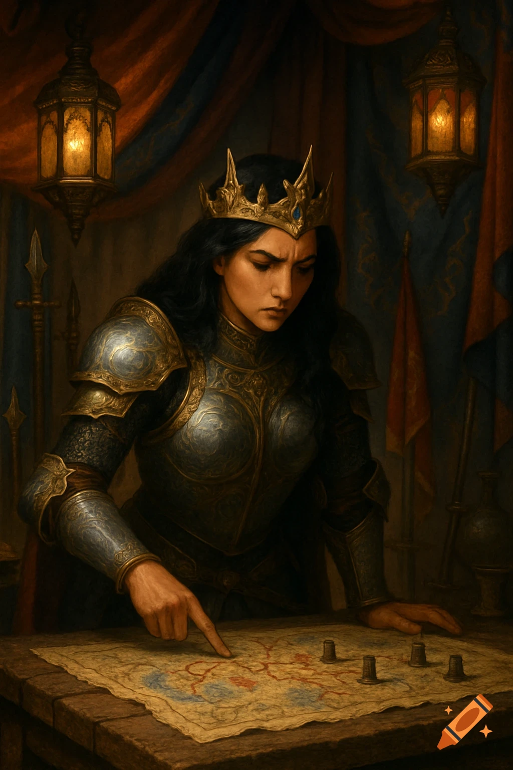 A warrior queen in intricate armor and crown studies a war map on a wooden table, pointing to a spot, in a richly decorated, dimly lit room.