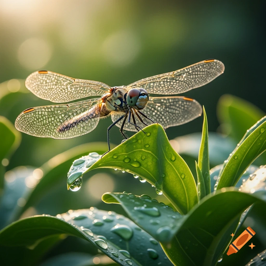 A photorealistic macro shot of a dragonfly with translucent wings and colorful eyes perched on green leaves covered in water droplets.