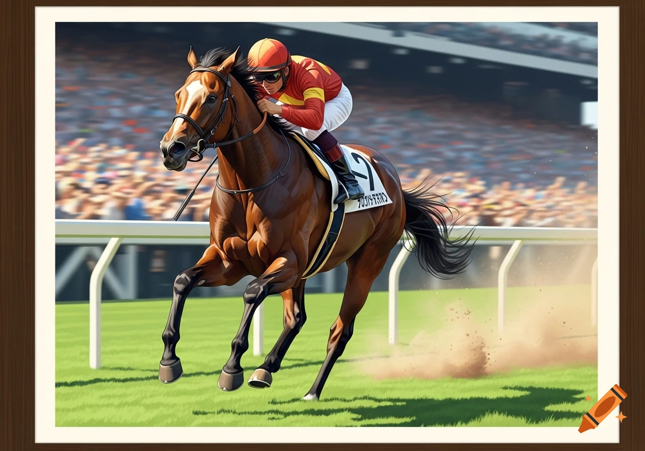 A photorealistic painting of a brown racehorse and jockey galloping on a track during a race, with a blurred stadium crowd.