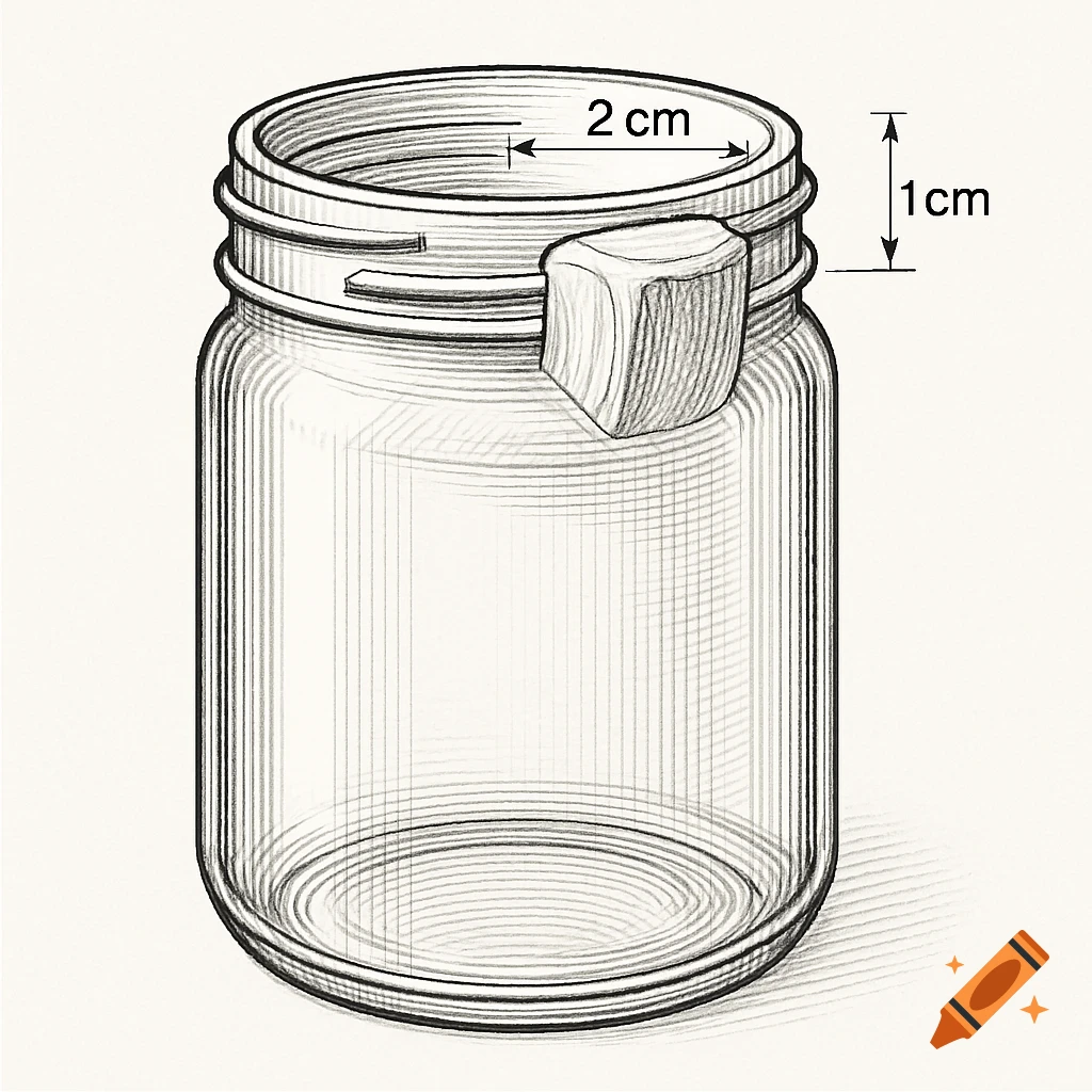 A technical drawing of a glass jar with a distinctive half-sphere protrusion on its neck, showing dimensions of 2 cm and 1 cm.