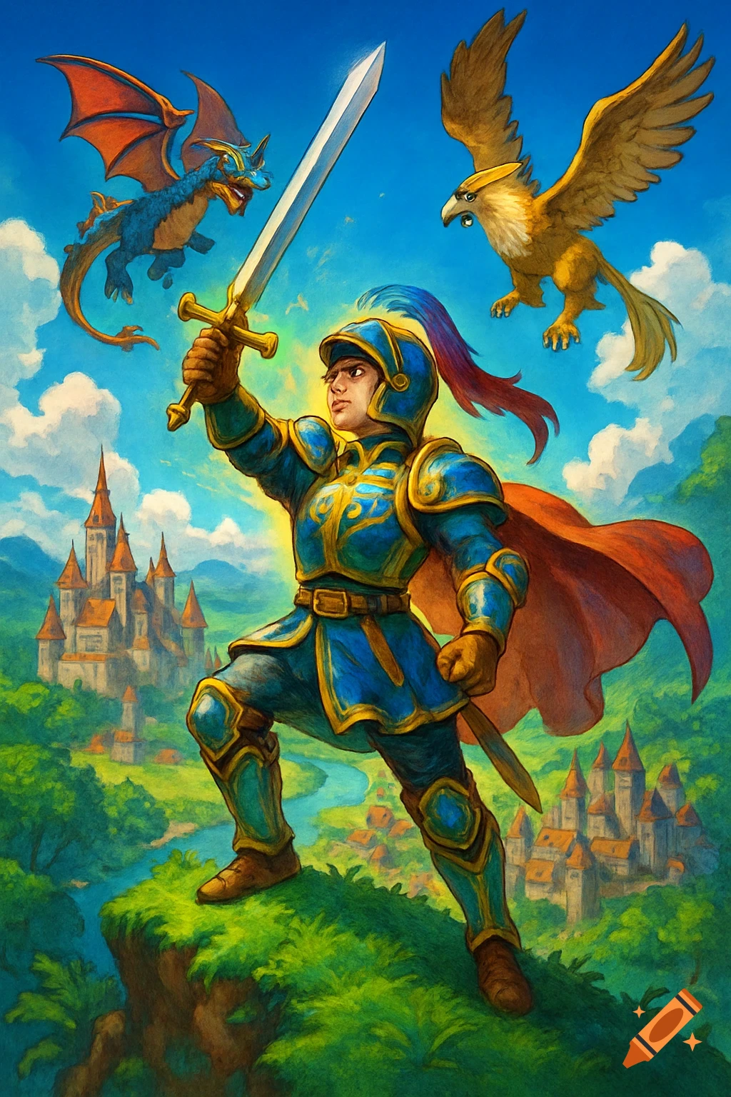 A knight in blue armor with a sword stands on a cliff, a dragon and griffin fly above castles in a vibrant fantasy painting.