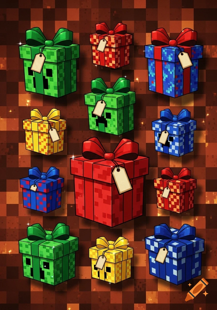 A pattern of colorful, pixelated Minecraft-style gift boxes, some with Creeper faces, on a brown checkered background.