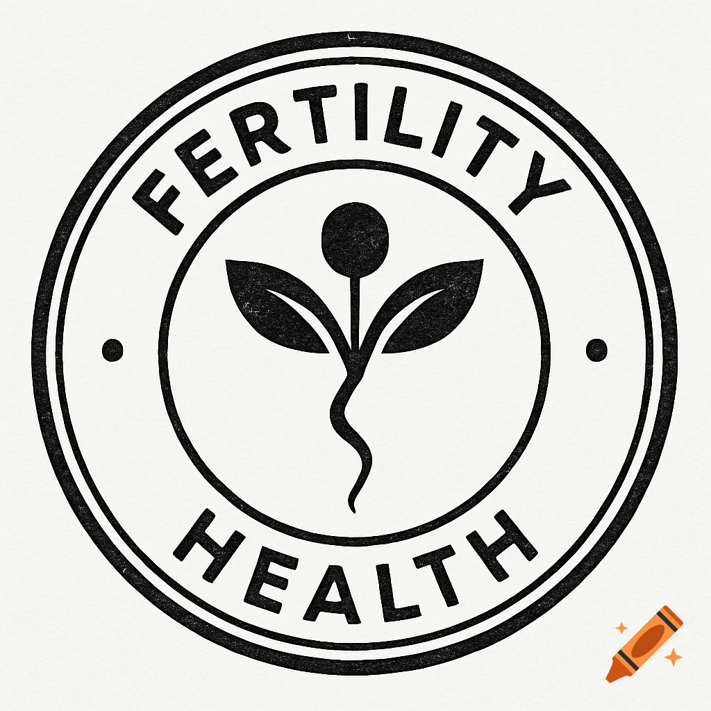 A black and white rubber stamp style circular logo with "FERTILITY" and "HEALTH" text surrounding a stylized plant symbol.