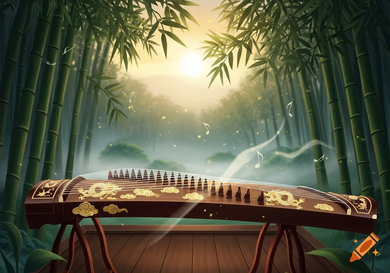 A guzheng adorned with golden dragons and clouds rests on a wooden platform in a serene bamboo forest at sunrise, with musical notes.