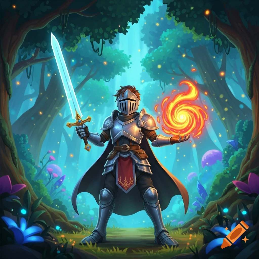 A knight in shining armor holds a glowing sword and fire orb in a vibrant, mystical fantasy cartoon forest.