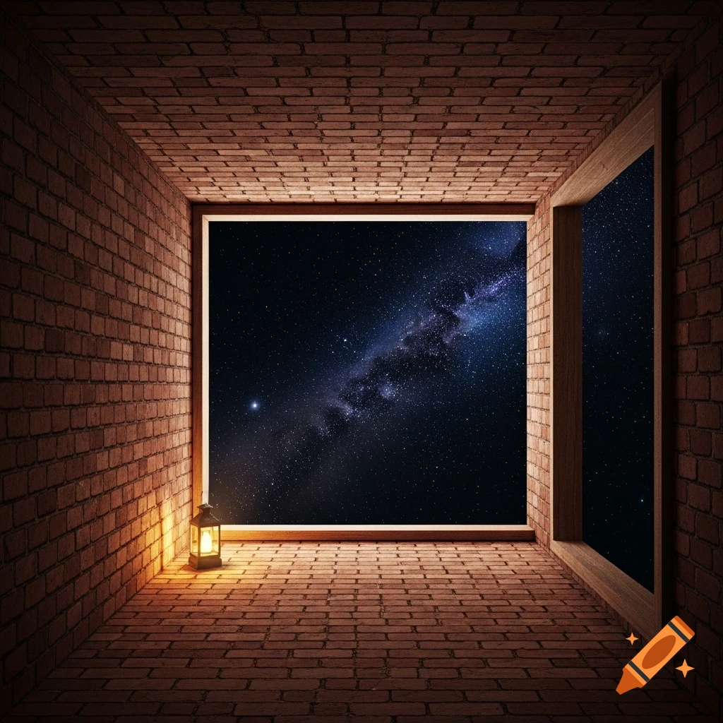 A brick room with a lantern looking out a large window to a starry night sky with the Milky Way visible.