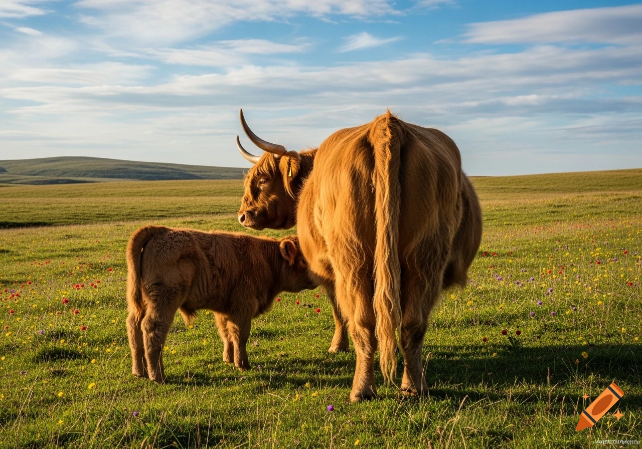 Photorealistic image of a shaggy Highland cow from behind, with its calf suckling, in a sunny wildflower field.
