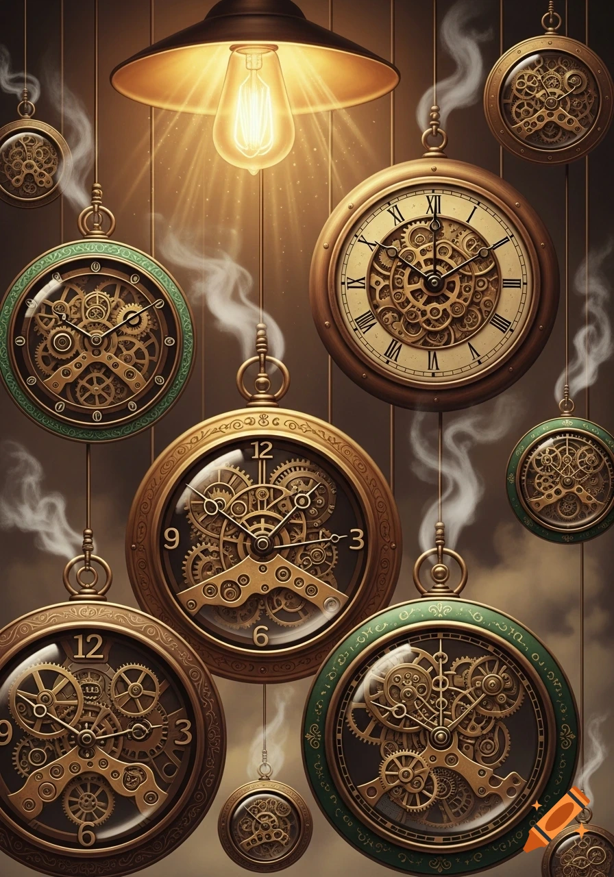 An array of detailed steampunk pocket watch faces with exposed gears, hanging against a dark, warm background with a glowing light bulb above.