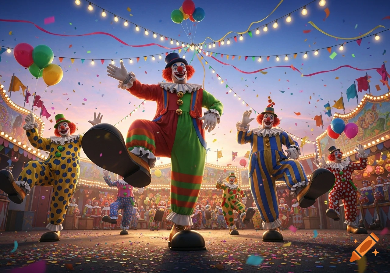 Vibrant image of several clowns in colorful costumes dancing at a lively carnival with confetti, balloons, and string lights.