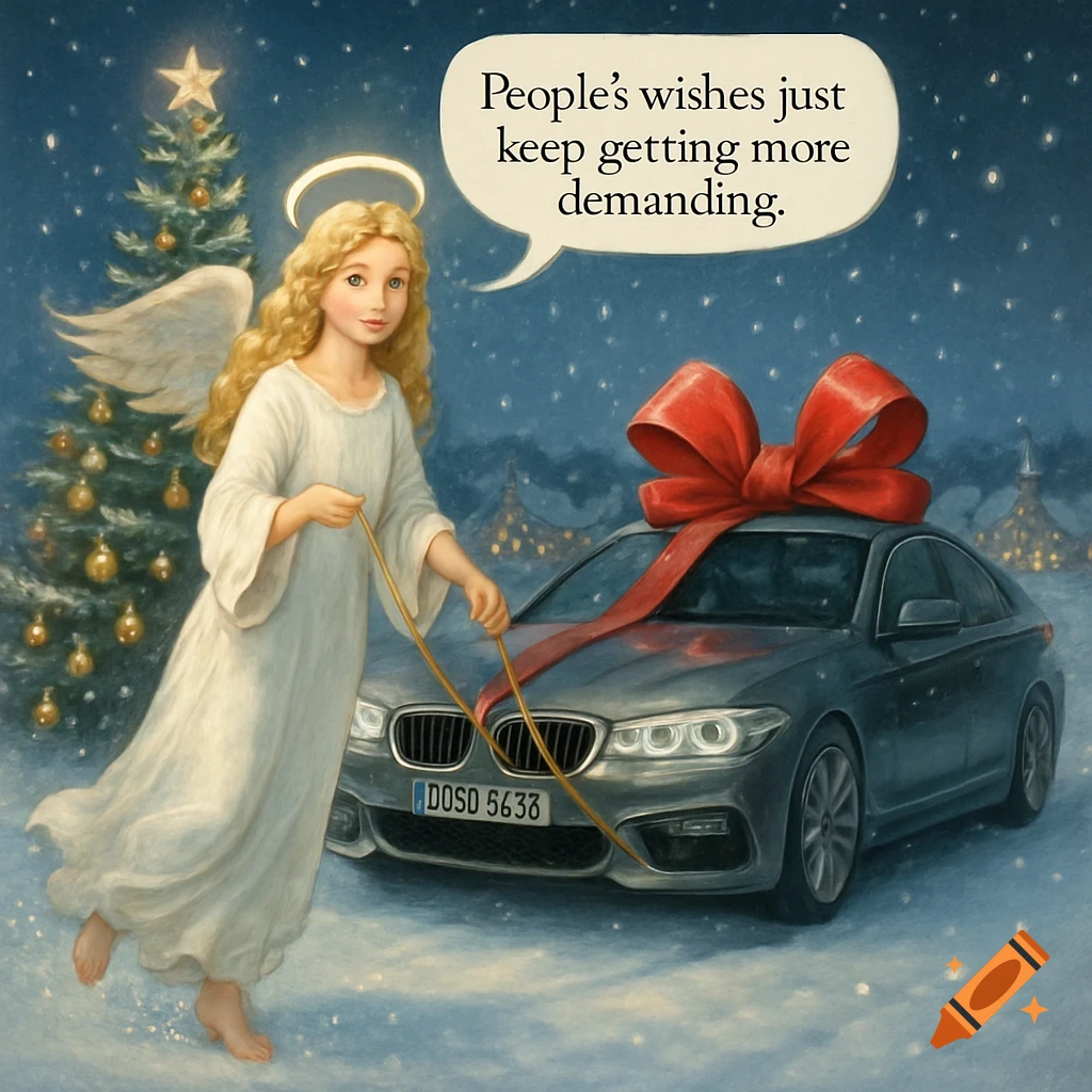 A blonde angel pulls a gray BMW car, tied with a large red bow, towards a decorated Christmas tree in a snowy night scene. A speech bubble says, "People's wishes just keep getting more demanding."