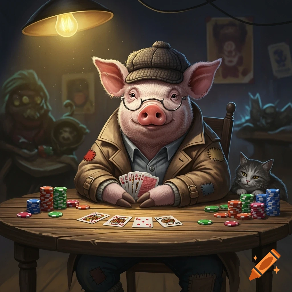 A smiling pig in a trench coat and glasses plays poker at a wooden table, holding a hand of cards. Poker chips are stacked around the table, and a small cat watches from the right side. The scene is dimly lit by an overhead lamp.