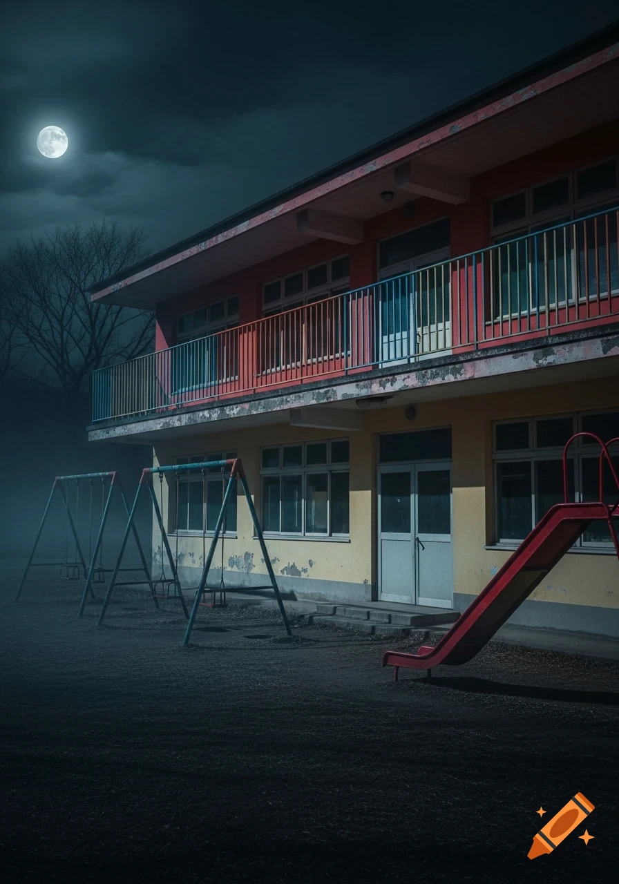 Abandoned two-story kindergarten at night with faded yellow and red walls, rusty colorful railings, a swing set, and a red slide under a full moon in a foggy, mysterious setting.