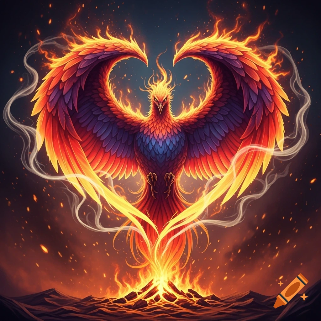A vibrant phoenix with fiery red, orange, yellow, and purple feathers rising from ashes, its wings forming a heart shape.