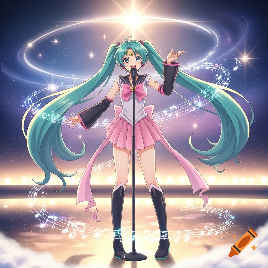 Hatsune Miku singing on a starry stage, wearing a pink and white sailor dress with long teal pigtails, holding a microphone.