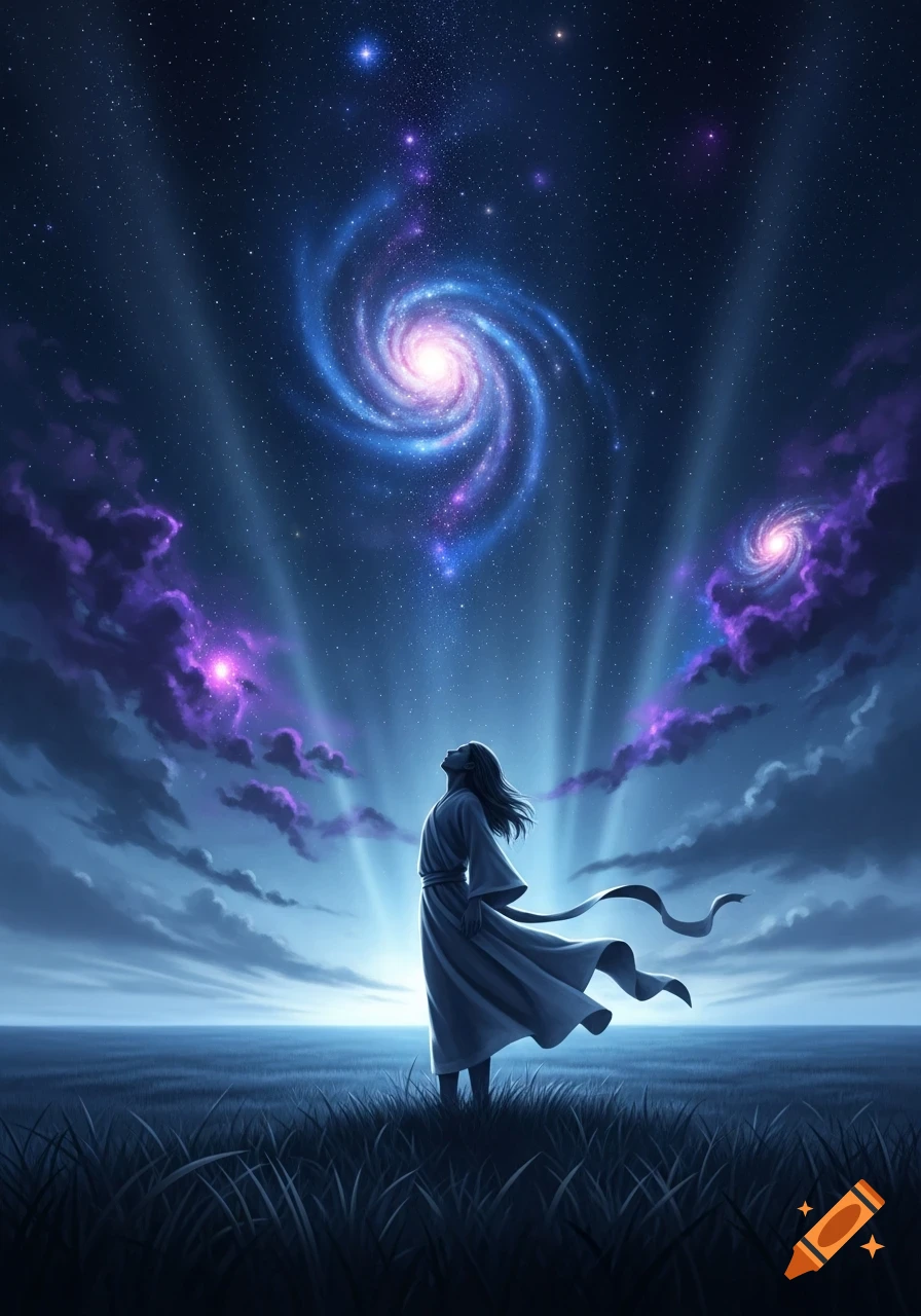 A figure in robes stands in a grassy field, looking up at a vibrant night sky with glowing blue and purple spiral galaxies and celestial light rays.