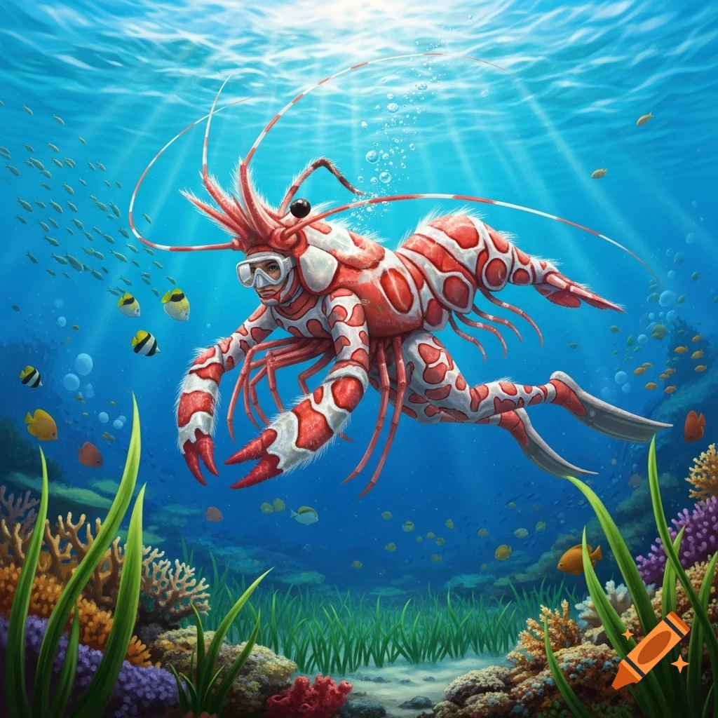 A diver in a detailed red and white shrimp costume with goggles and fins swims underwater surrounded by colorful coral reefs and fish.
