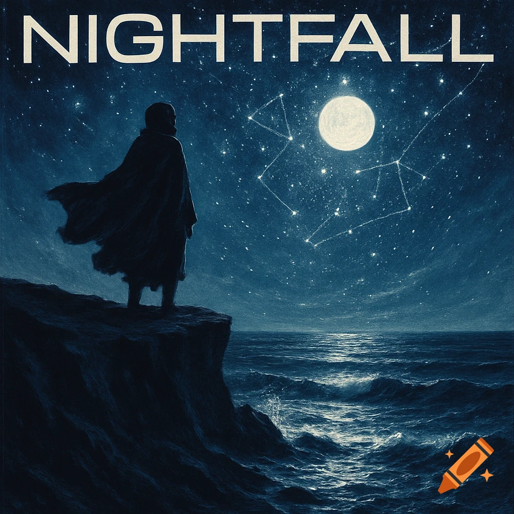 A cloaked figure stands on a cliff overlooking a moonlit ocean and a starry night sky with constellations, titled "NIGHTFALL".