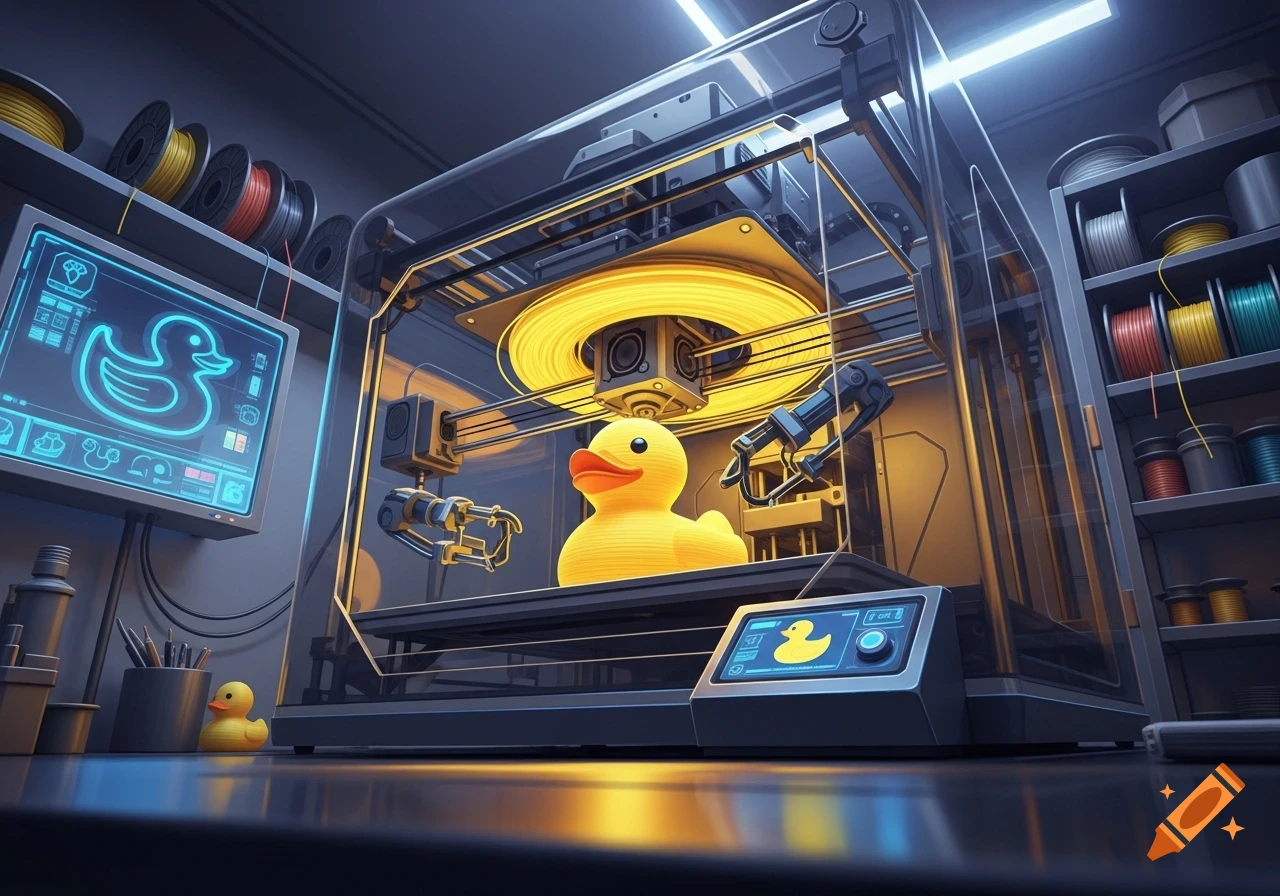 A 3D printer is manufacturing a yellow rubber duck in a workshop with glowing screens showing a duck icon, and shelves of filament.
