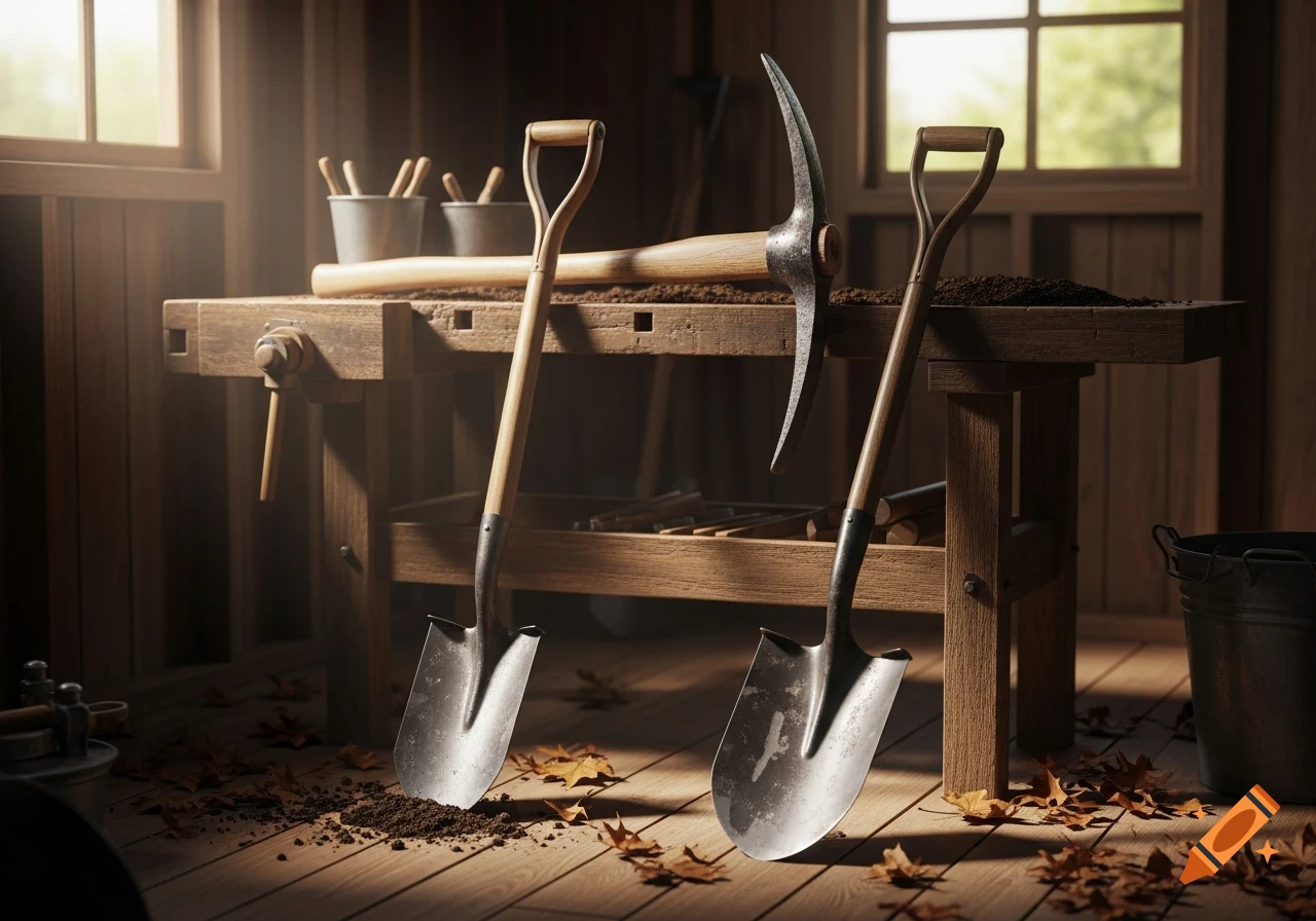 Two shovels and a pickaxe in a rustic wooden workshop, with soil and fallen leaves on the floor, lit by a window.