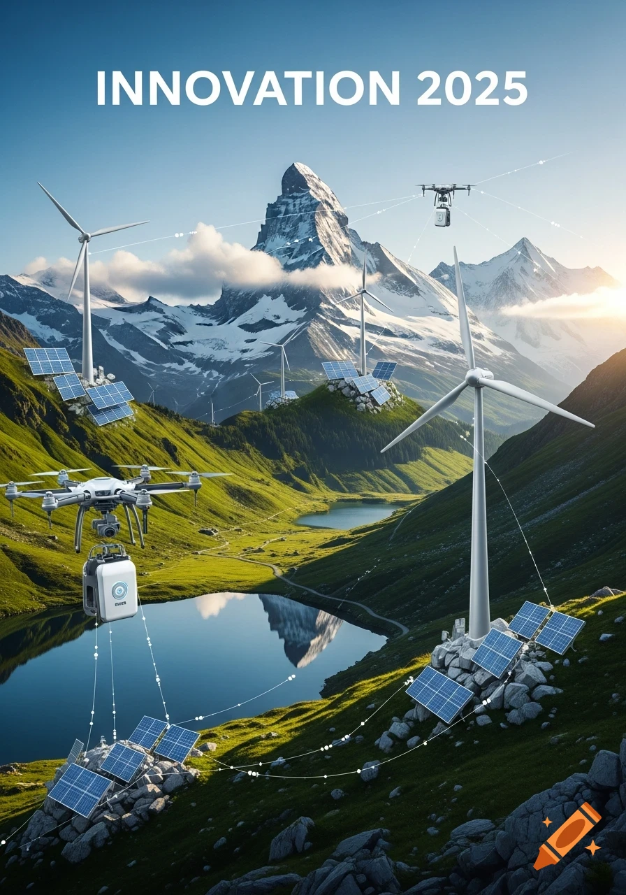 Mountain landscape with wind turbines, solar panels, and drones connected by lines, featuring 'INNOVATION 2025' text.