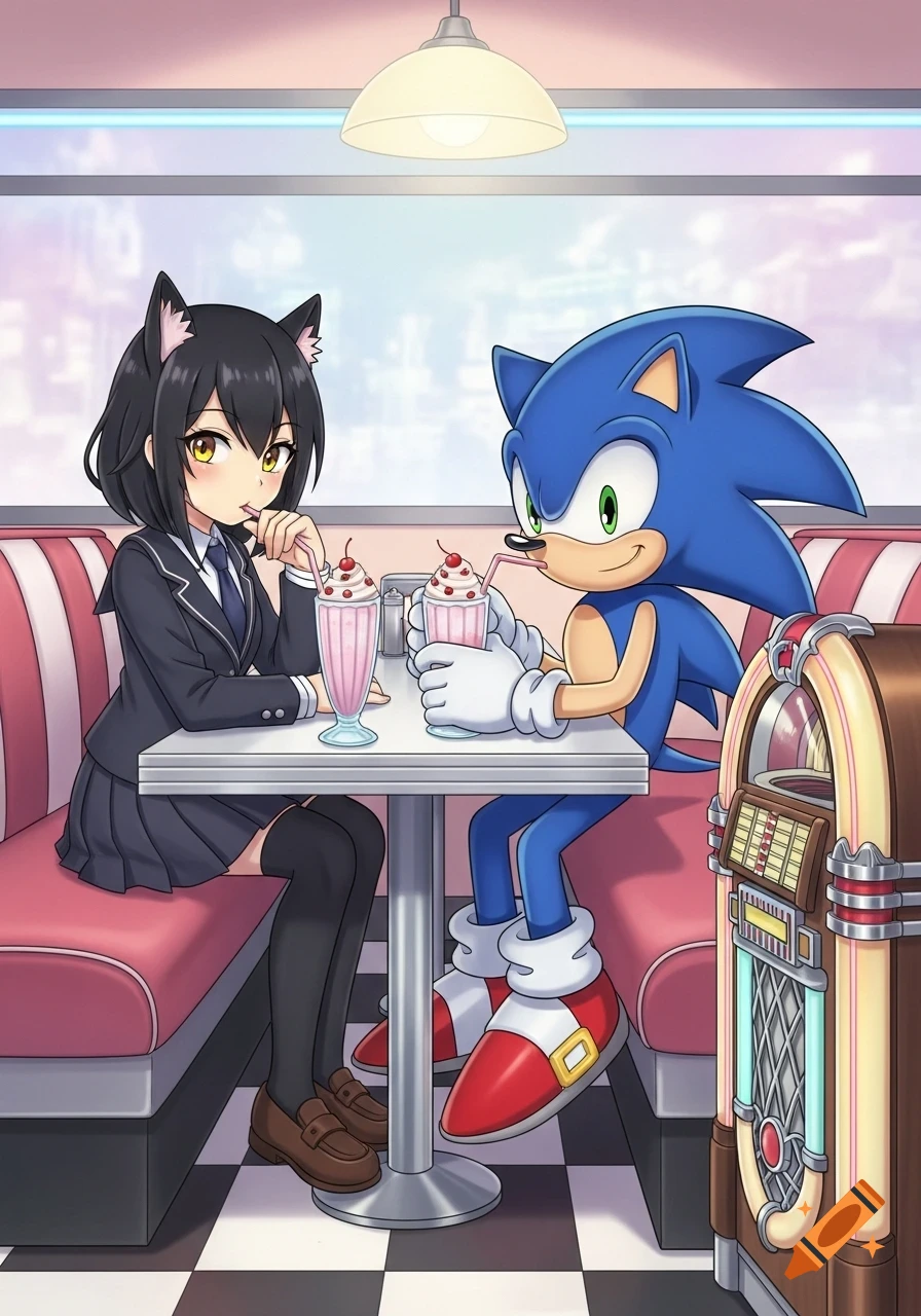 Anime illustration of Sonic the Hedgehog and a black-haired cat girl in a diner, sitting at a table and drinking milkshakes.