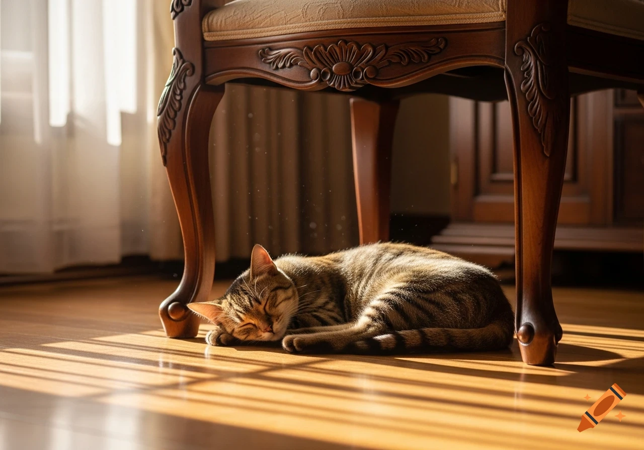 A tabby cat sleeps peacefully on a sunlit wooden floor beneath an ornate wooden chair.