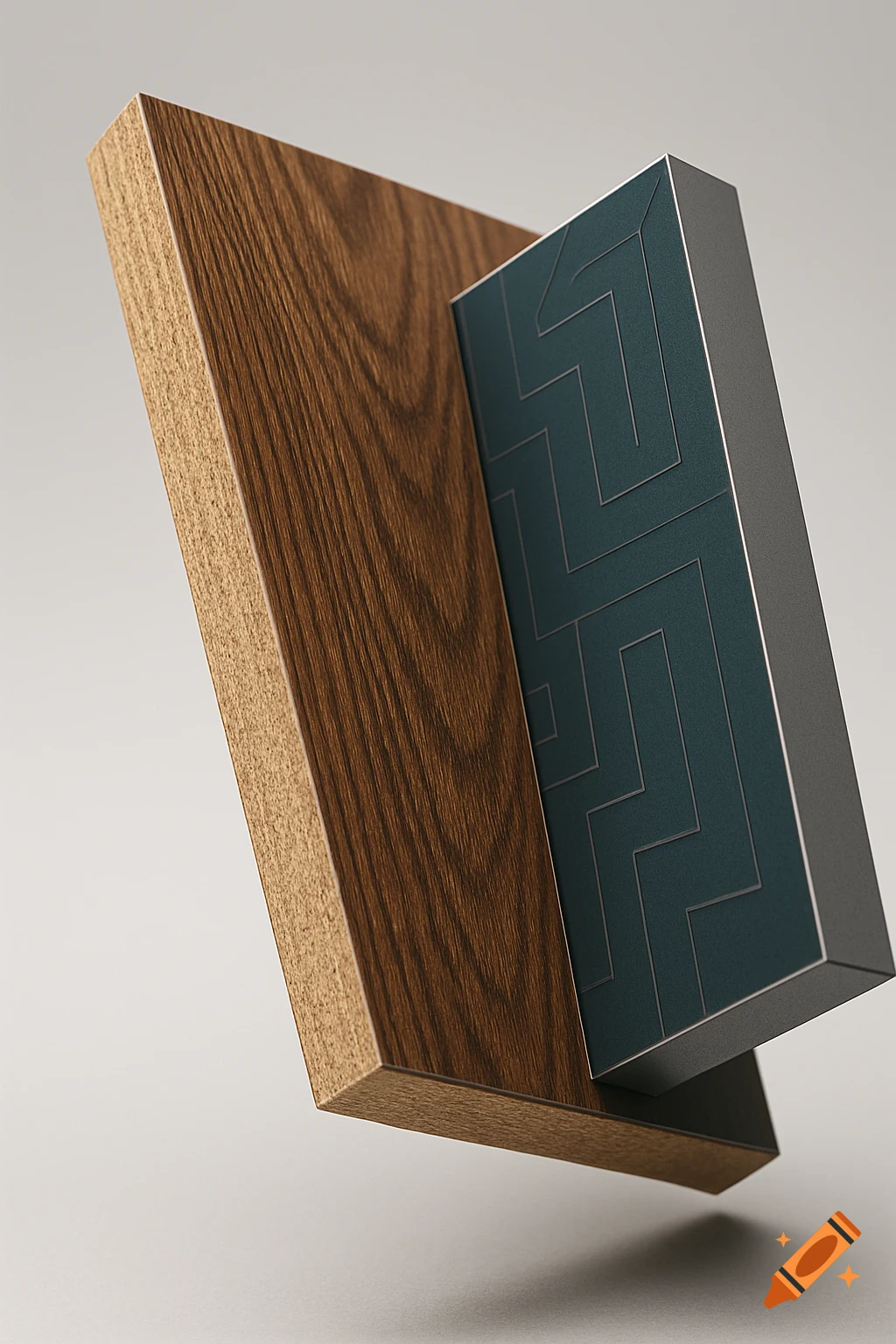 Photorealistic close-up of a two-sided board, one side dark wood grain, the other teal with a metallic geometric maze pattern.