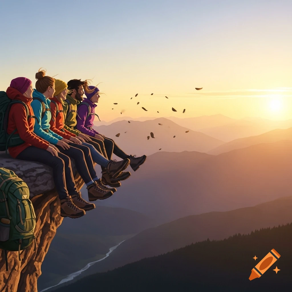 Five hikers sit on a cliff edge at sunset, looking out at a vast mountain range with a river winding through the valley below.