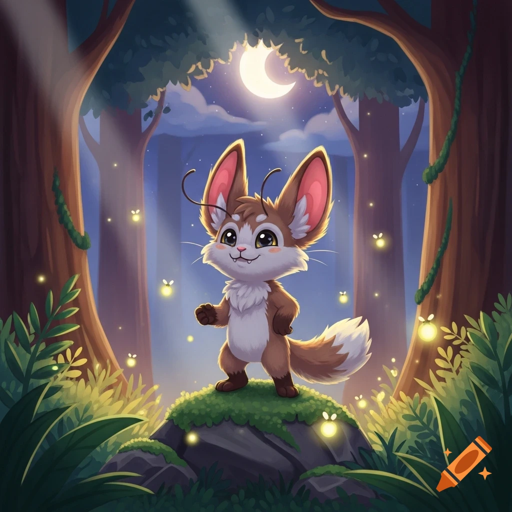 A cute, brown and white fantasy creature with large ears stands on a mossy rock in a magical forest at night with fireflies and a crescent moon.