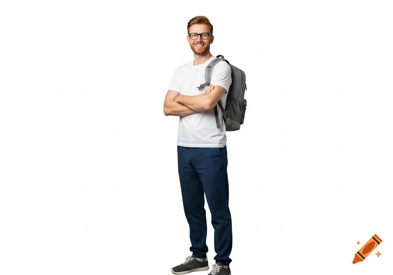 A smiling man with red hair, glasses, white t-shirt, blue pants, and a gray backpack stands with arms crossed against a white background.