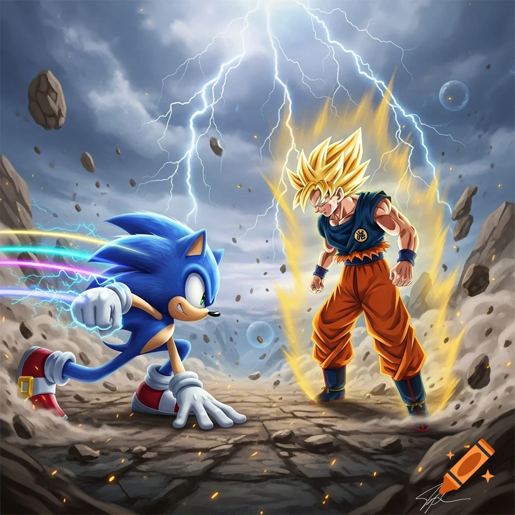 Super Saiyan Goku and Sonic the Hedgehog face off in an anime-style battle, surrounded by lightning and debris.