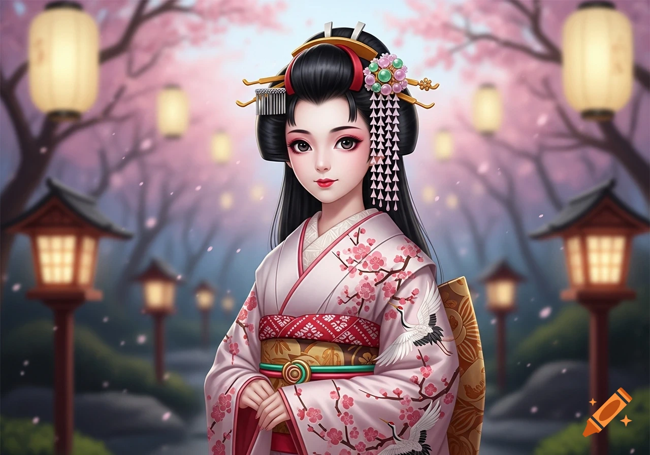 Anime-style geisha in a pink kimono adorned with cherry blossoms and cranes, standing in a traditional Japanese garden.