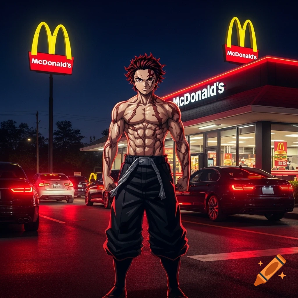 A muscular anime character stands menacingly shirtless outside a brightly lit McDonald's drive-thru at night, with cars in the foreground.