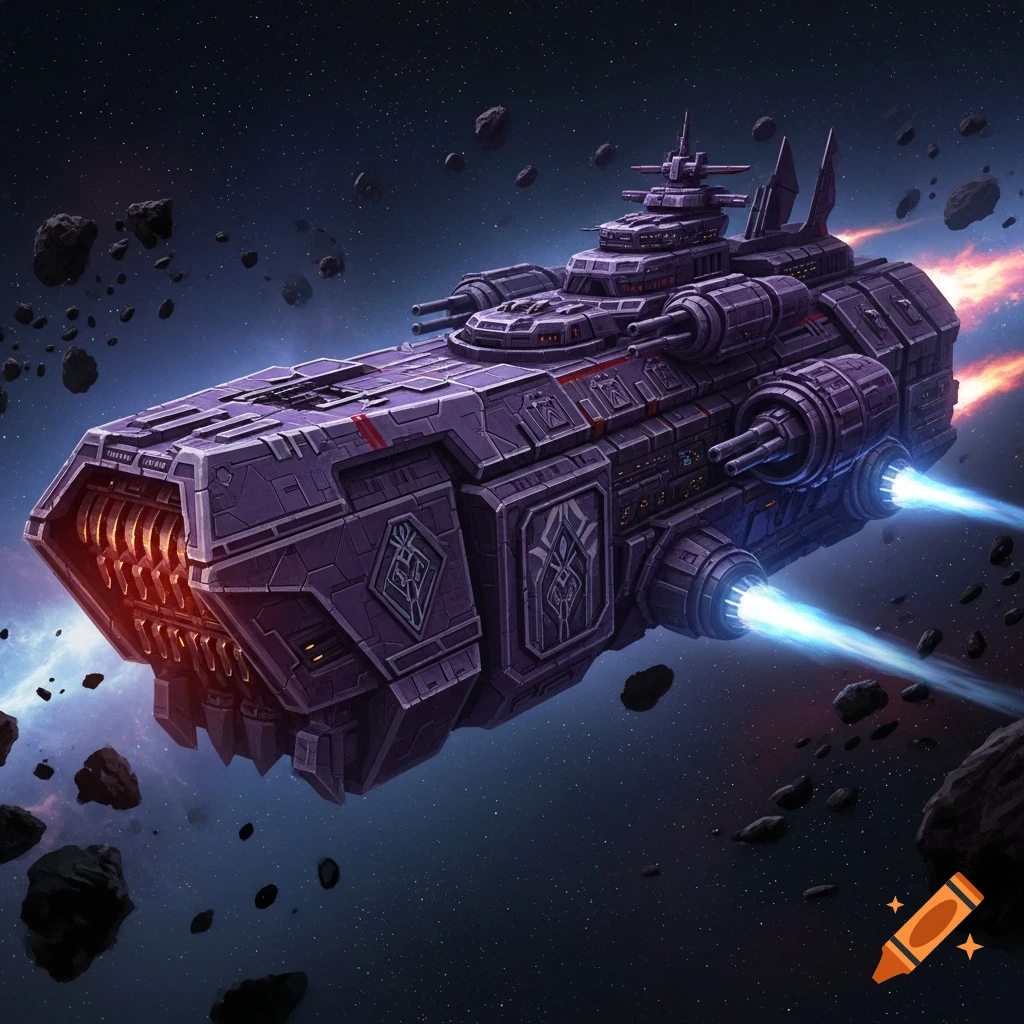 A large, heavily armored purple sci-fi military transport ship with glowing engines flies through space amidst asteroids.