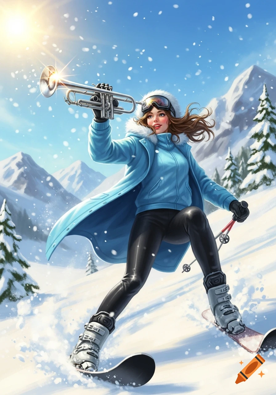 A young woman in a blue winter coat skis down a sunny, snowy mountain, holding a shining trumpet high. Digital art.