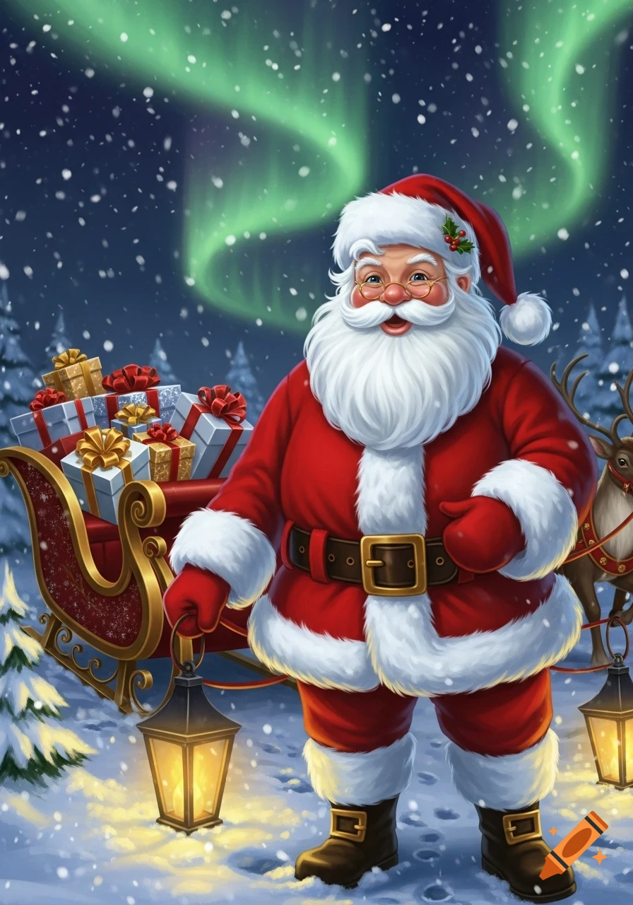 Santa Claus stands in a snowy forest at night, holding a lantern beside his sleigh full of gifts and a reindeer, with aurora borealis in the sky.