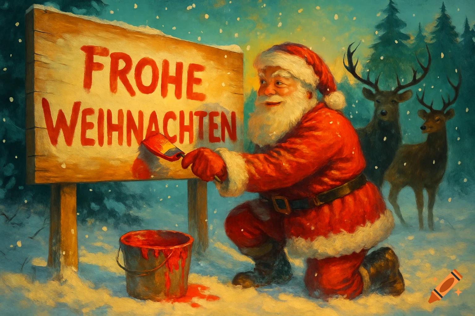 Santa Claus kneels in a snowy forest, painting 'Frohe Weihnachten' on a wooden sign. Two deer watch in the background. Painterly style.