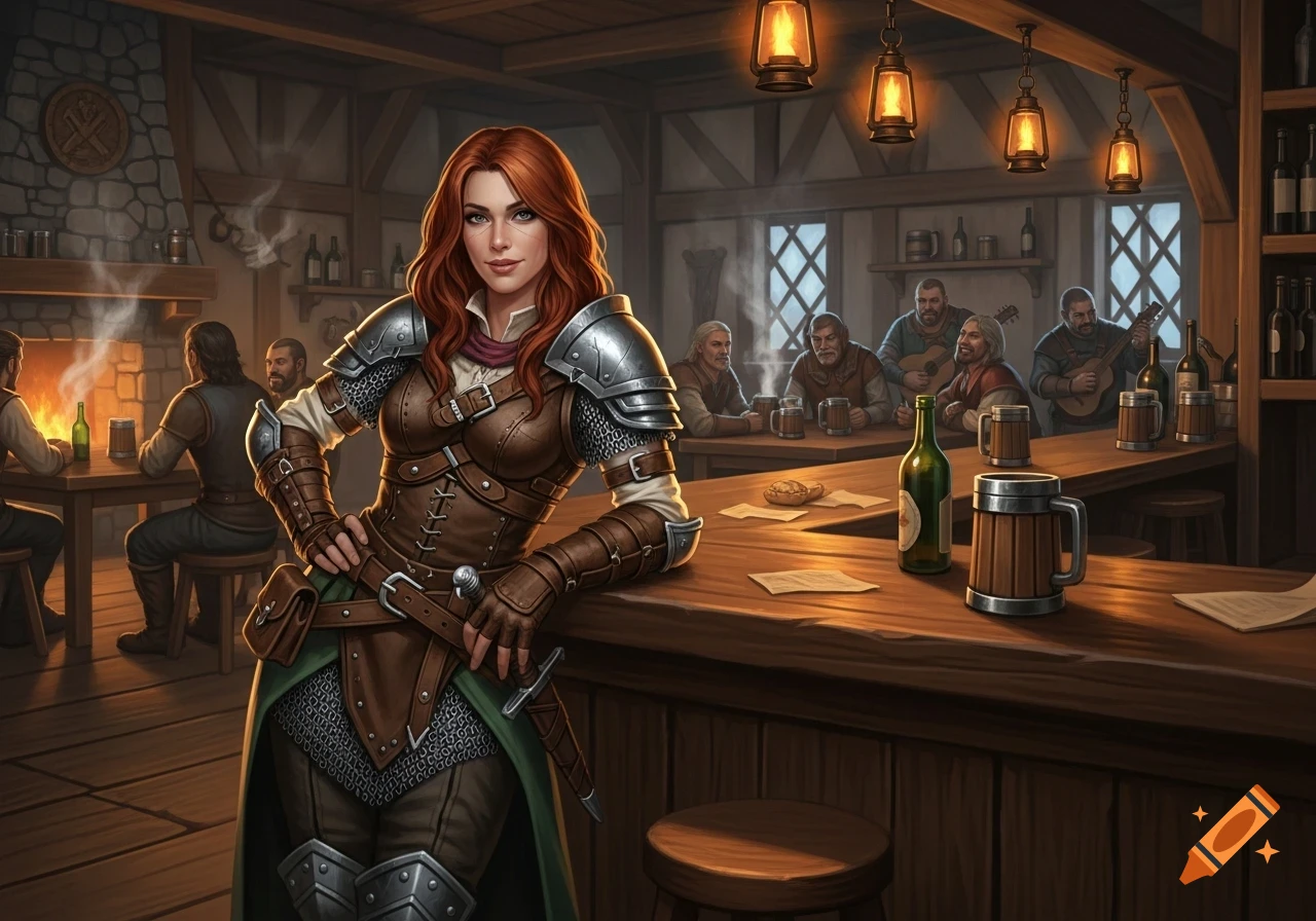 A red-haired female adventurer in leather and chainmail armor stands in a bustling, warmly lit fantasy tavern.