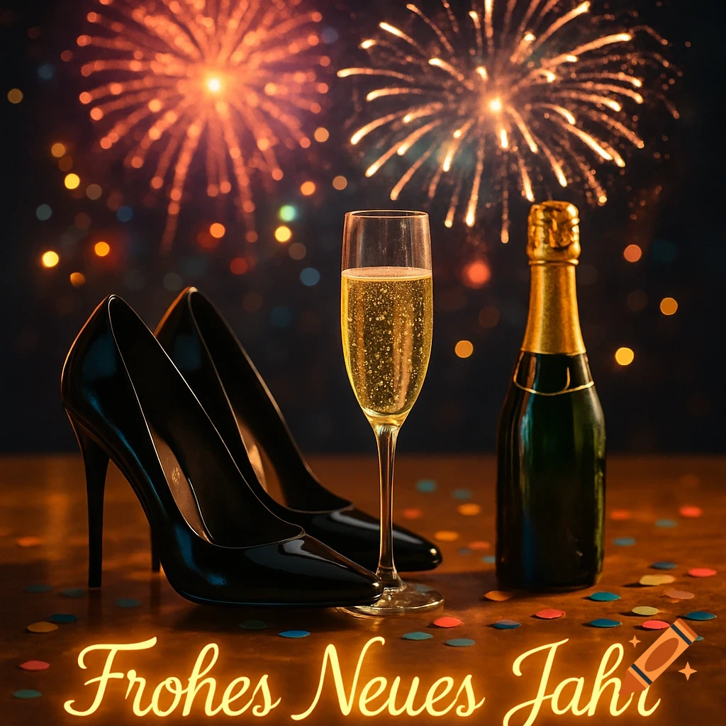 Black high heels, a champagne glass, and a bottle on a confetti-strewn surface with fireworks in the background and 'Frohes Neues Jahr' text.